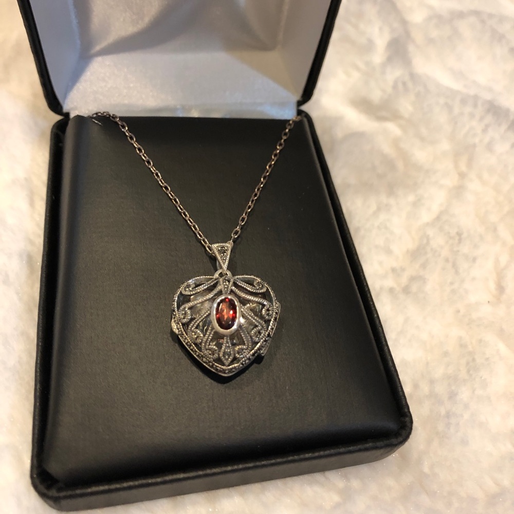 Garnet and Silver Heart Locket Necklace